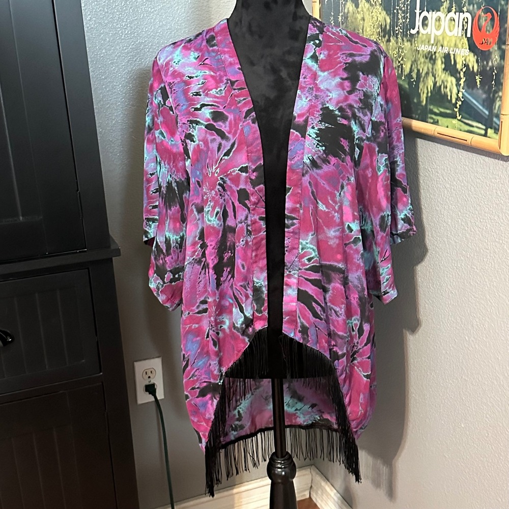 Hot Topic Tie Dye Kimono Cardigan Womens Large Purple Pink Fringe Open Front